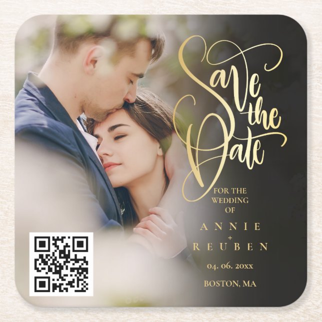 Gold Script QR Code Photo Save the Date  Square Paper Coaster (Front)