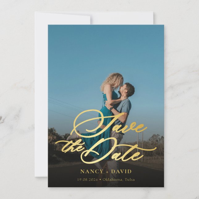 Gold Script  Qr Code Photo Wedding Save The Date (Front)