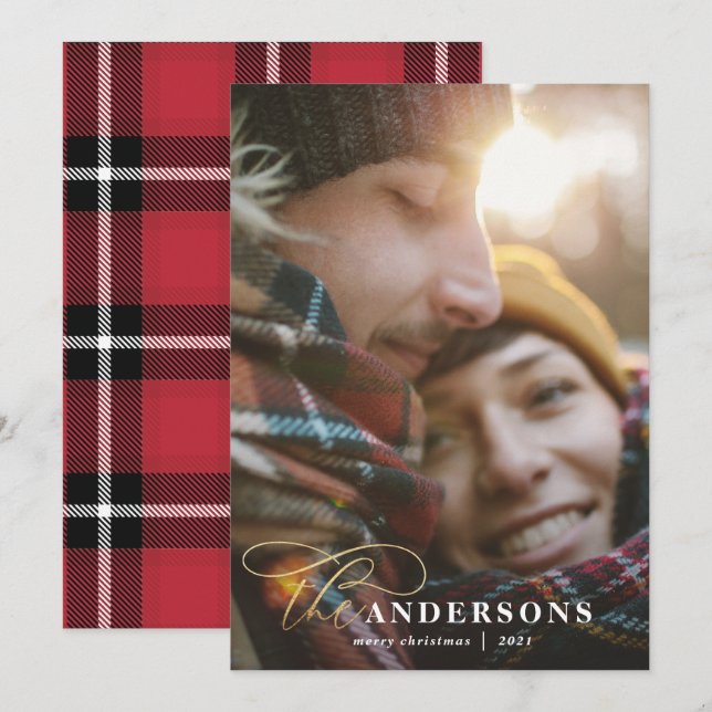 Gold script red plaid backer 1 photo Christmas Holiday Card (Front/Back)