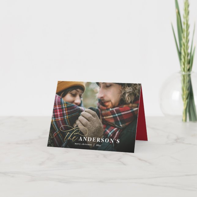 Gold script red plaid backer 1 photo Christmas Holiday Card (Front)