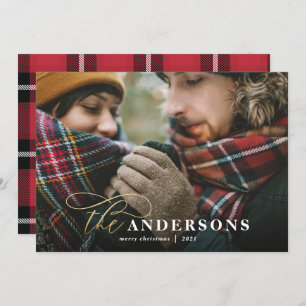 Gold script red plaid backer 1 photo Christmas Holiday Card