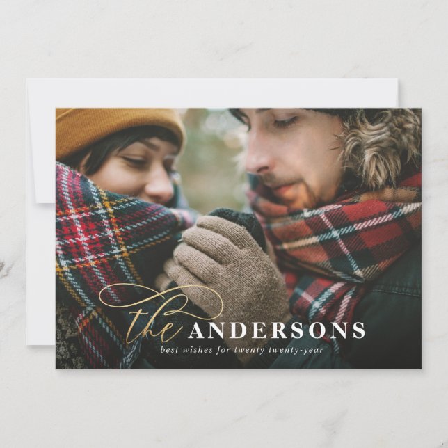 Gold script red plaid backer photo card (Front)