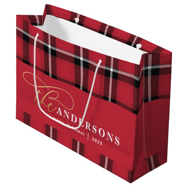 Gold script red plaid tartan rustic Christmas Large Gift Bag (Front Angled)