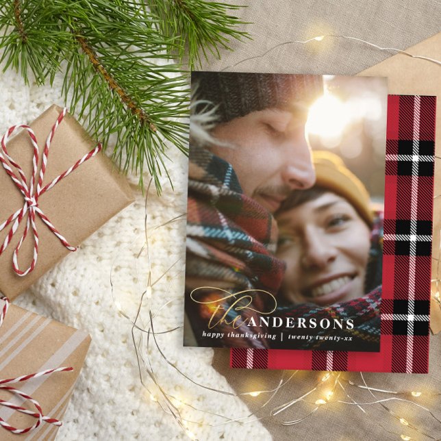 Gold script red plaid thanksgiving 1 photo  holiday card (Creator Uploaded)