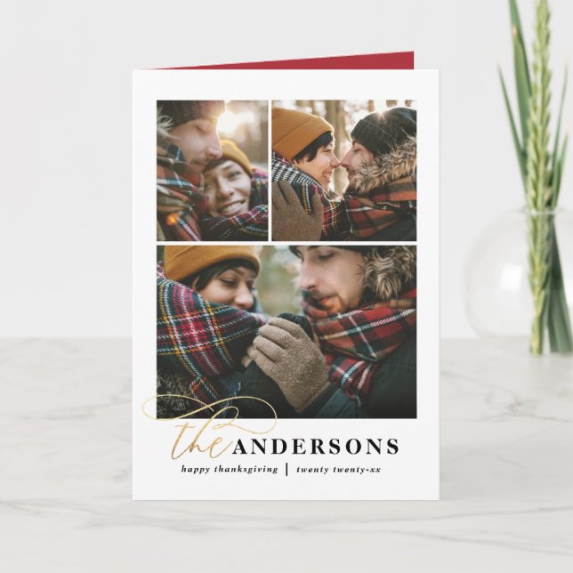 Gold script red plaid thanksgiving photo holiday card (Front)
