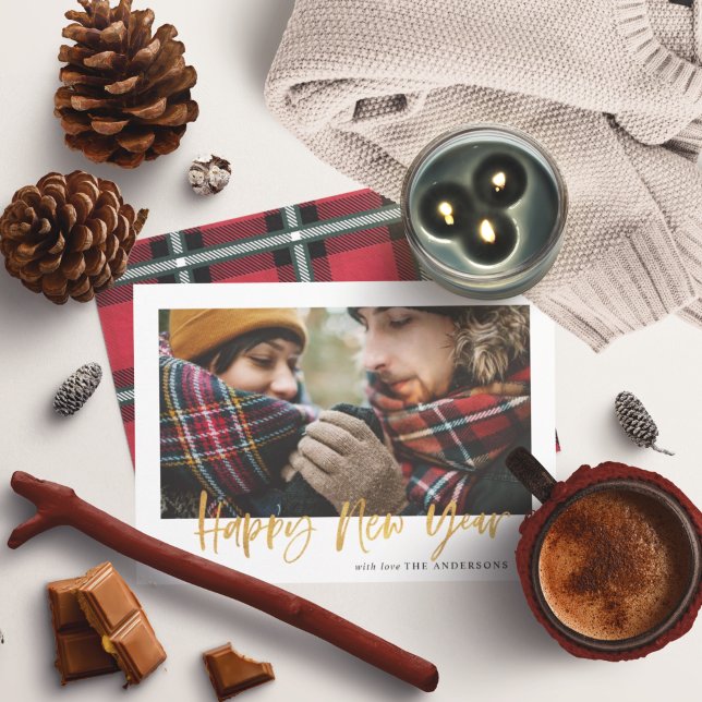 Gold script red tartan modern Christmas new year Holiday Card (Creator Uploaded)