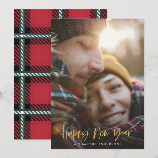 Gold script red tartan photo modern New year Holiday Card (Front/Back)