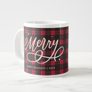 Gold Script Sparkly Merry Holiday Plaid Photo Gift Large Coffee Mug