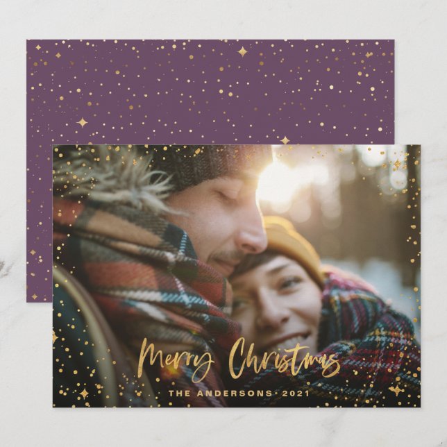 Gold script star Christmas 1 photo purple modern Holiday Card (Front/Back)