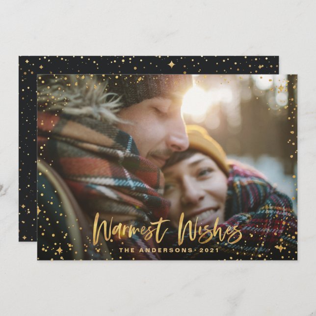 Gold script star Christmas greetings 1 photo chic Holiday Card (Front/Back)