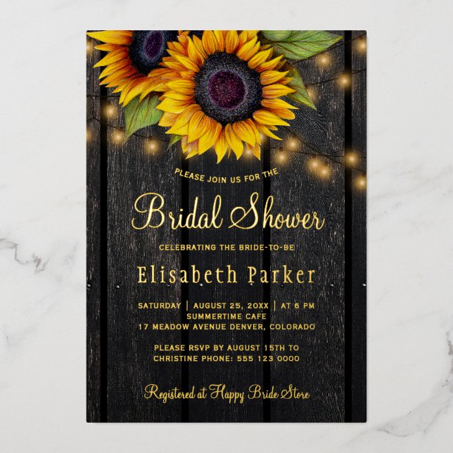Gold script sunflowers country wood bridal shower (Front)