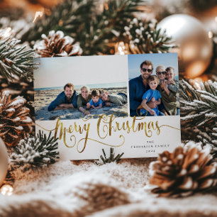 Gold Script Tartan Holiday Photo Card