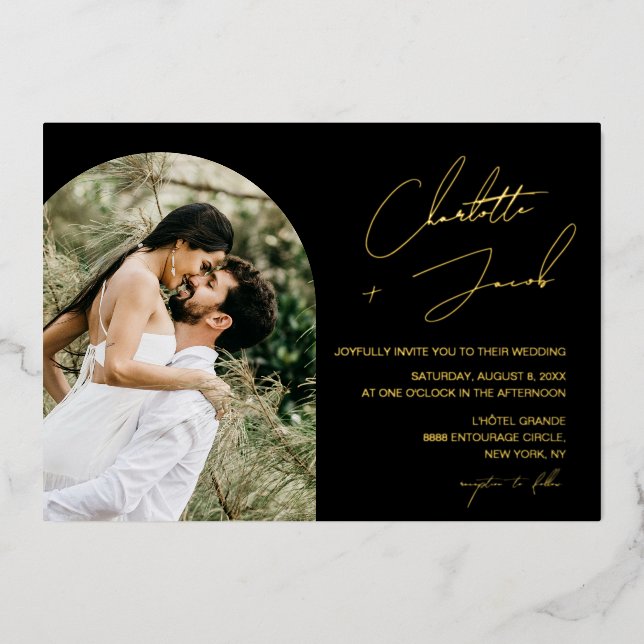 Gold Script Text Names on black Photo Wedding  (Front)