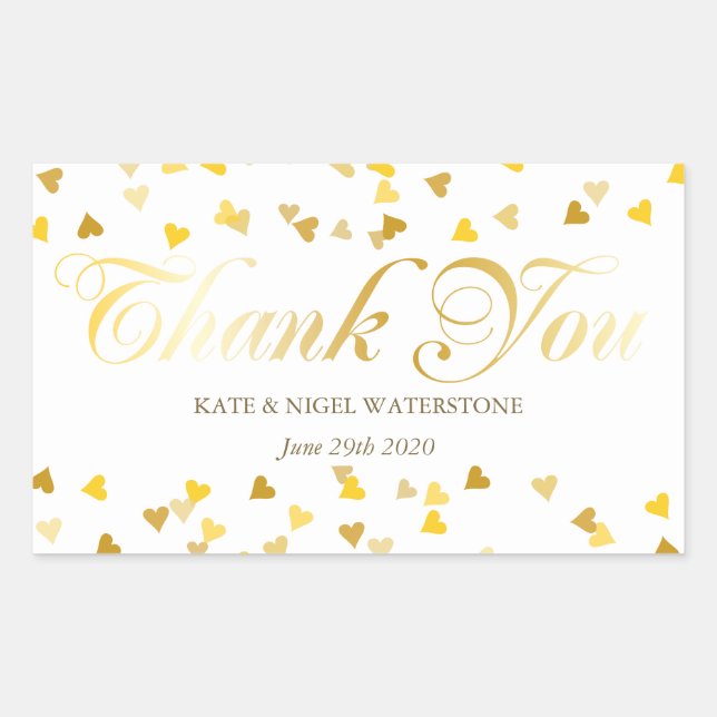 Gold Script Thank You and Golden Hearts Confetti Rectangular Sticker (Front)