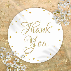 Gold Script Thank You Love Hearts Confetti Classic Round Sticker