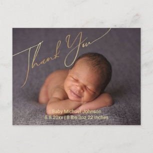 gold script thank you newborn photo birth  announcement postcard