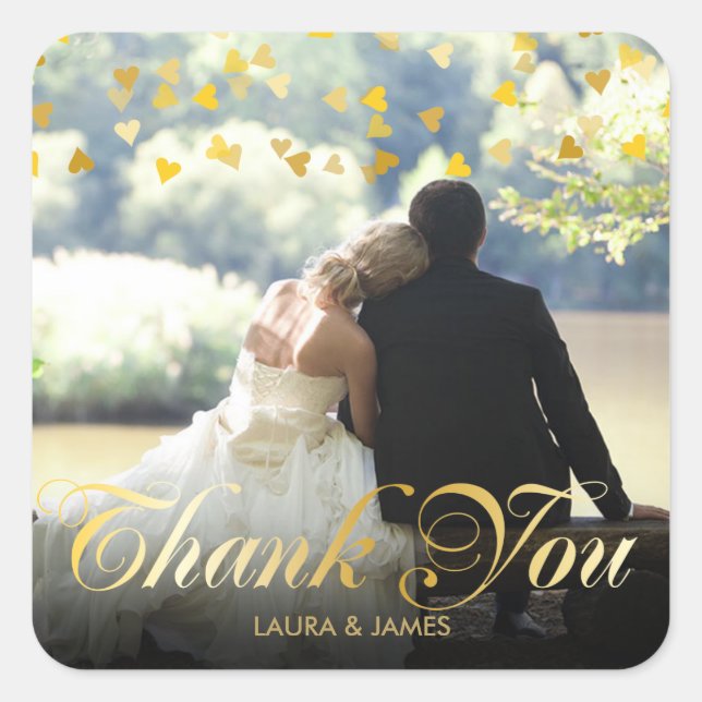 Gold Script Thank You Photo Gold Confetti Square Sticker (Front)