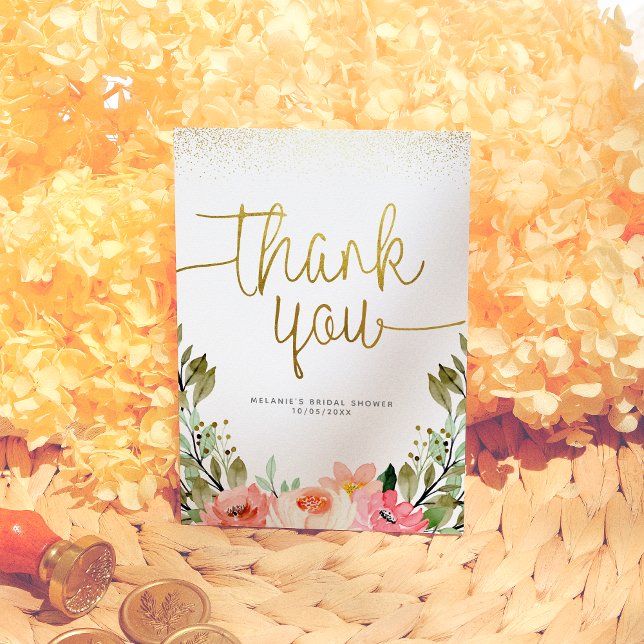 Gold Script Thank You | Pink Watercolor Floral  Card (Creator Uploaded)