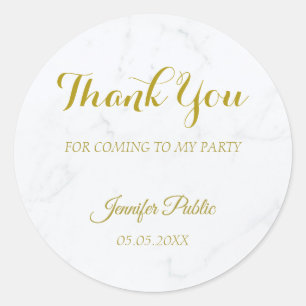 Gold Script Thank You Template White Marble Classic Round Sticker