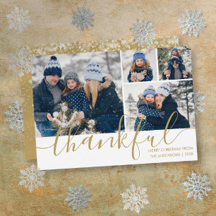 Gold Script Thankful 4 Photo Christmas Holiday Card