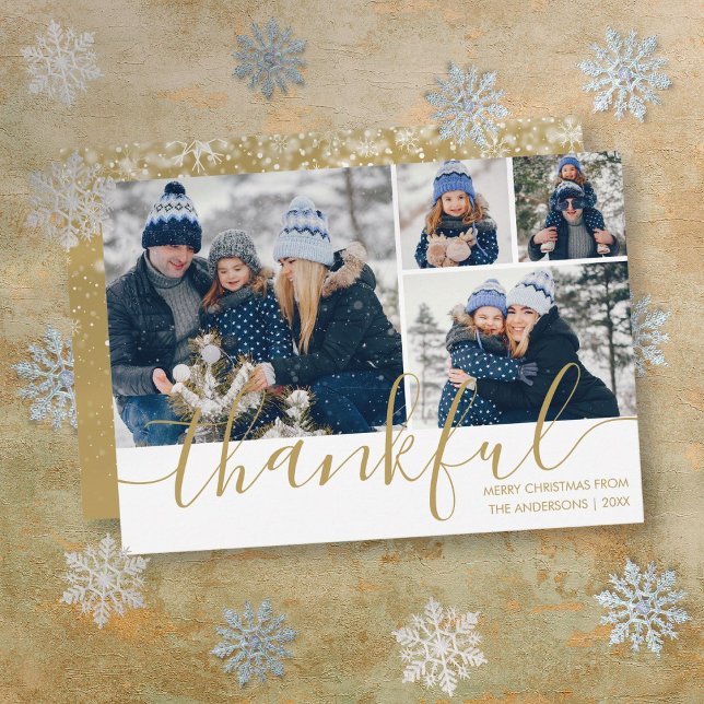 Gold Script Thankful 4 Photo Christmas Holiday Card (Gold Script Thankful 4 Photo Christmas Holiday Card)