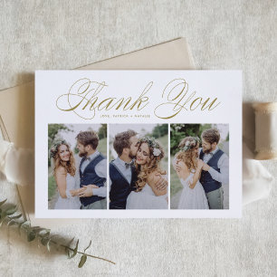 Gold Script Three Photo Collage Wedding Thank You Card