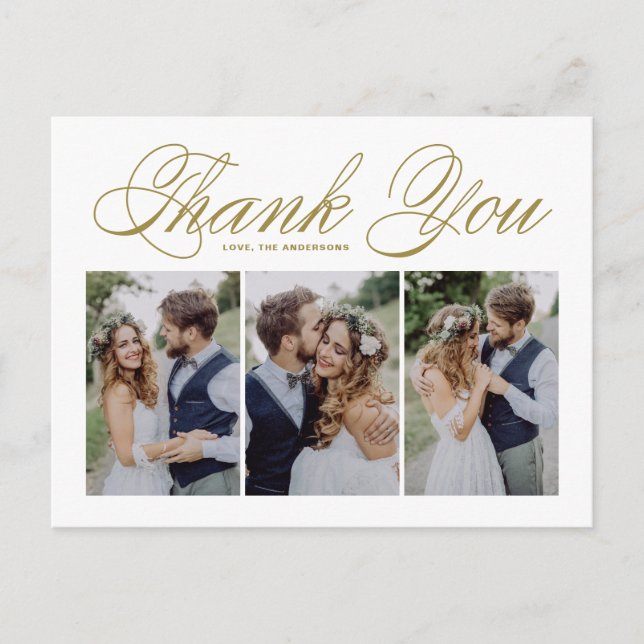 Gold Script Three Photo Collage Wedding Thank You Postcard (Front)
