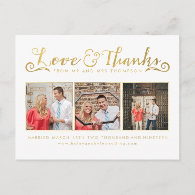 Gold Script Typography Thank You Photo Postcard (Front)