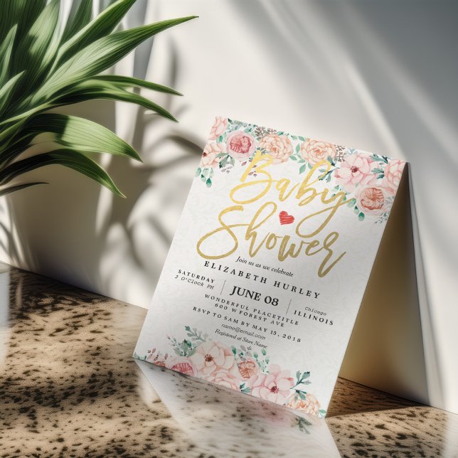 Gold Script & Watercolor Floral Baby Shower Invite (Creator Uploaded)