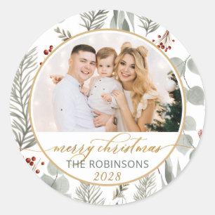 Gold Script Watercolor Foliage Photo Christmas Classic Round Sticker