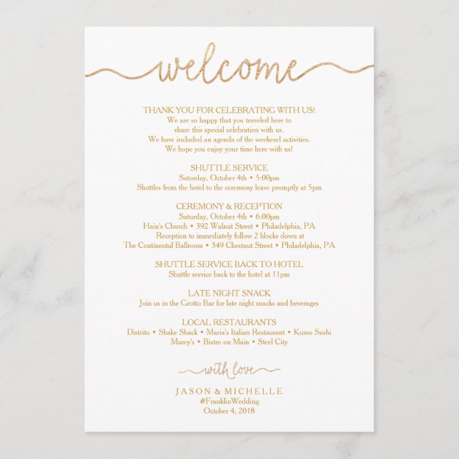 Gold Script Wedding Itinerary - Wedding Welcome Programme (Front)