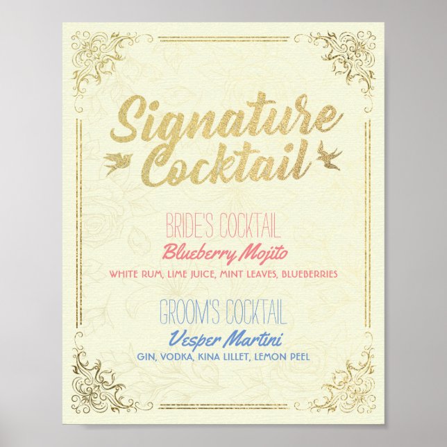 Gold Script Wedding Signature Cocktail Drink Menu Poster (Front)