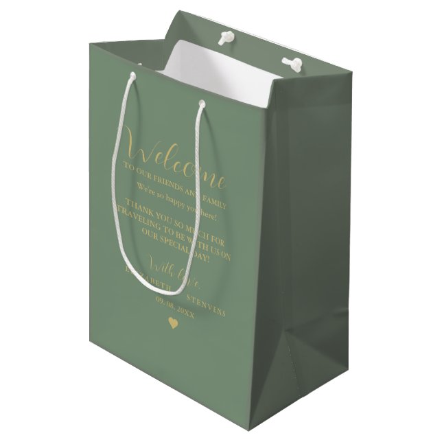 Gold script wedding welcome bag hotel guest bags  (Front Angled)