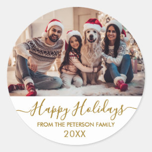 Gold Script White Family Photo Happy Holidays Classic Round Sticker