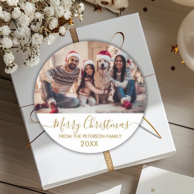 Gold Script White Family Photo Merry Christmas Classic Round Sticker (Creator Uploaded)
