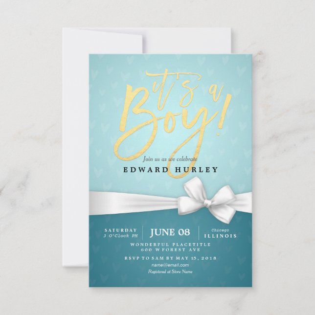 Gold Script White Ribbon Turquoise Baby Shower Invitation (Front)