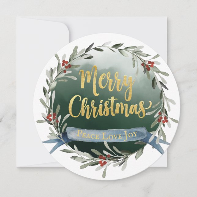 Gold Script Wreath Hanging Ornament Christmas Card (Front)
