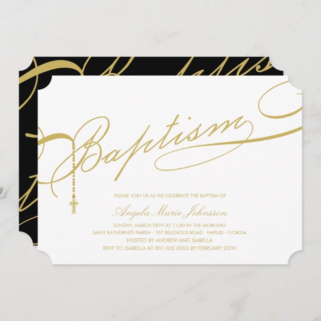 Gold Scripted Baptism Rosary Cross Religious Invitation (Front/Back)