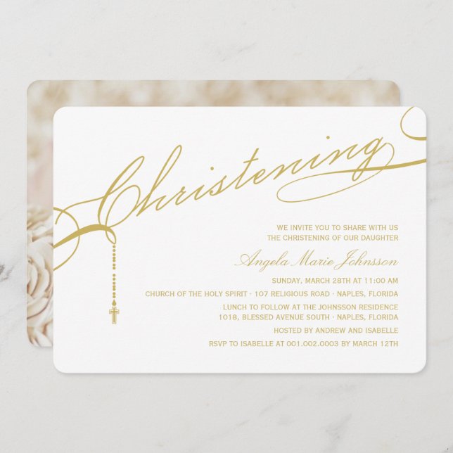 Gold Scripted Christening Cross Photo Religious Invitation (Front/Back)