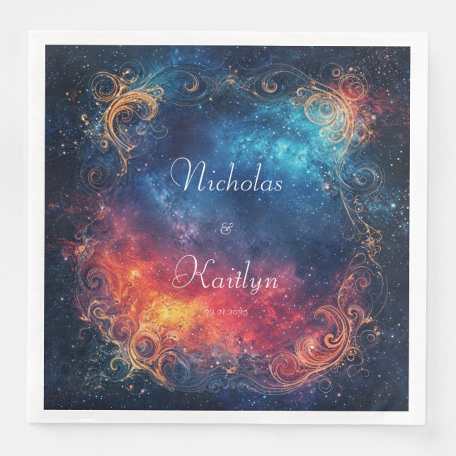 Gold Scroll Celestial Nebula Fire and Ice Napkin (Front)