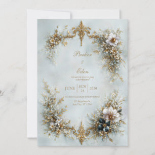 Gold Scroll Frame White Floral Dusty Blue Wedding Invitation