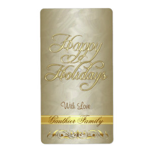 Gold Scroll Happy Holidays Wine Label