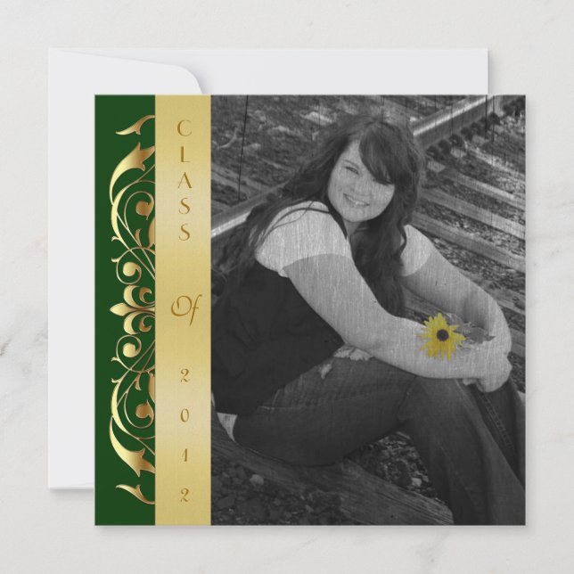 Gold Scroll Photo Green Graduation Invitations (Front)