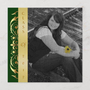 Gold Scroll Photo Green Graduation Invitations