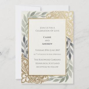 Gold Scroll Sage Green Floral Wedding Invitation