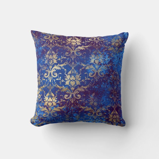 Gold Scroll Work Flowers on Blue Cushion (Front)