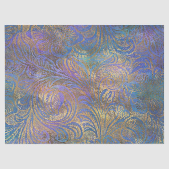 Gold Scroll Work on Purple, Pink, Blue Decoupage Tissue Paper (Front)