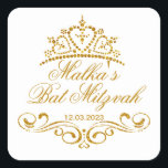 Gold scrolls, Tiara Bat Mitzvah Logo Square Sticker<br><div class="desc">Golden swirls (scrolls) and Tiara in a heart shape Bat Mitzvah Sticker. You can use it for different occasion.</div>