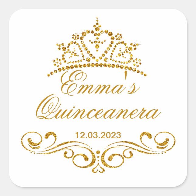 Gold scrolls, Tiara Quinceanera custom Logo Square Sticker (Front)