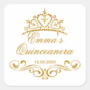 Gold scrolls, Tiara Quinceanera custom Logo Square Sticker